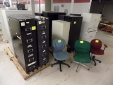 6 Pallets w/15 File Cabinets & Small Roller Table, 3 Chairs