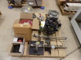 Pallet w/Tools Stands, Stop Buton, Red Rubber Hose, etc.