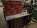 5' Work Bench with Arbor Press, 6 Drawer Wright Line Cabinet andd Contents