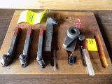 (4) Lathe Tool Holders in Wood Tray, Asst. Lathe Parts