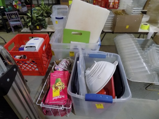 3 Plastic Totes w/ Cutting Boards, Plastic Strainers, Hot Glue Gun, Hoopla