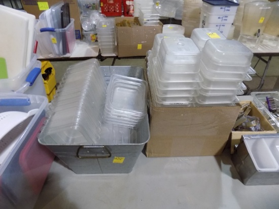 Large Qty. of Small Plastic Prep Dishes in Galvanized Bin and Box