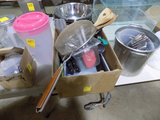 Box of Utensils, Big Strainer, Knives, Wooden Spoons, Scoops, Baking Pan, E