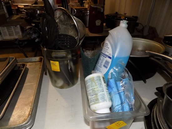 Bin of Soap and Bucket of Misc Utensils and Knives