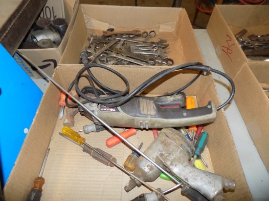 Box of Screw Drivers, grinder, Hammers & Air Impact & Box of Small Wrenches