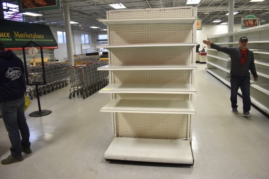 (12) White Double Sided Gondola Shelving Sections, Approx. 100 Shelves, End