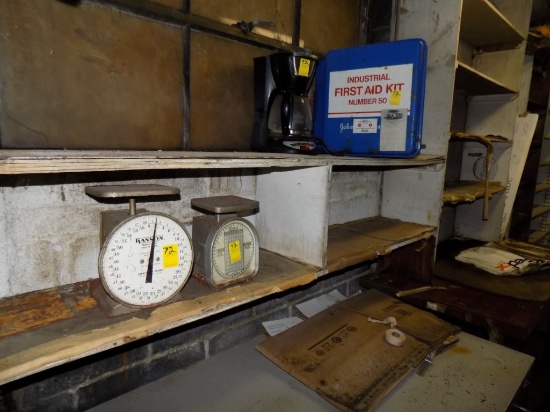 (2) Antique Scales, Coffee Pot & First Aid Kit