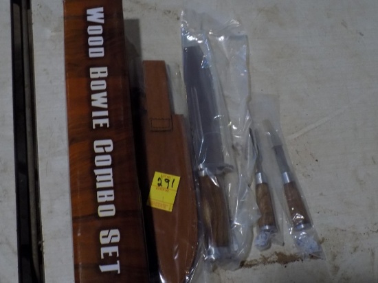 New Wood Bowie Combo Set w/ Lg. 10'' Blade Knife, Fork, Knife, Nice Set