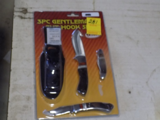 New 3Pc. Gentlemans Gut Hook Set, 3 Jack Knives and Cases