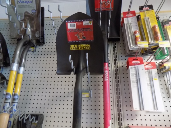 (3) New Bully Tools Shovels - (2) Flat, (1) Pointed, Red Fiberglass Handles