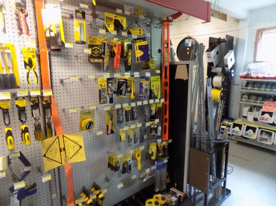 Shelf Section w/Utility Knives, Levels, Squares, 35' Tape Measure, Plumb Bo