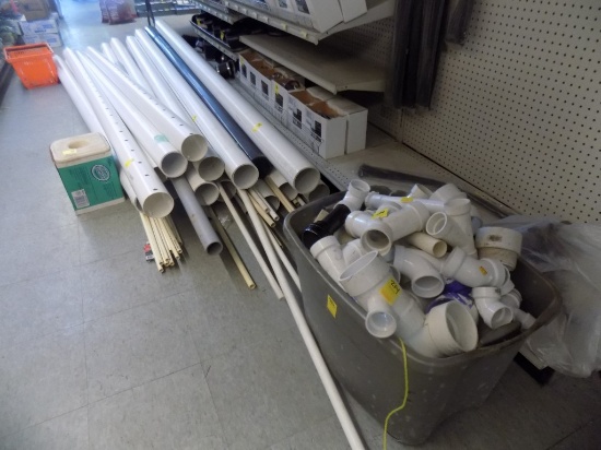 Lg Grp of PVC pipe on Floor - Asst. Sizes & Types w/Pex Tubing in Tubes on