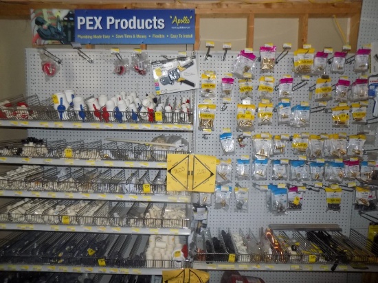 Contents of Right Side Wall - Brass Fittings, Pex Tools, Plastic Fittings &