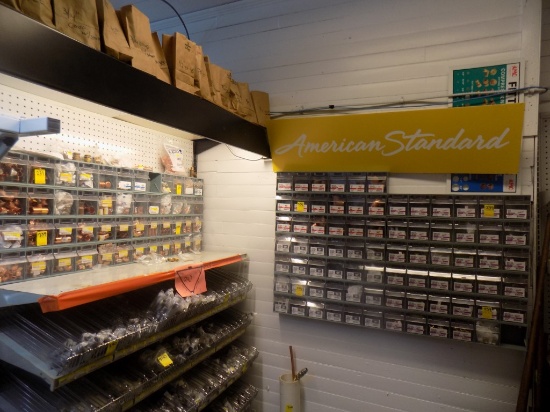 (2) Grps of Plastic Organizers on Wall Stocked w/Copper Pipe Fittings, Plas