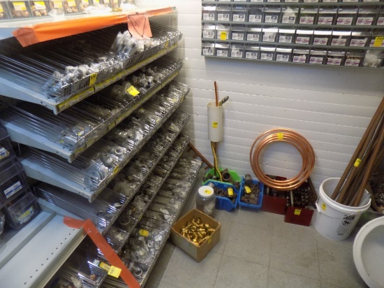 Iron Pipe Fittings on Shelves w/Bins of Floor & Misc. Copper Pipe