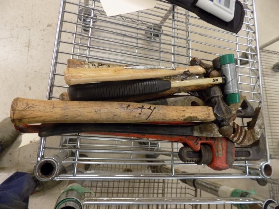 Box of Hand Tools: Hammers, Pipe Wrenches, Water Pliers