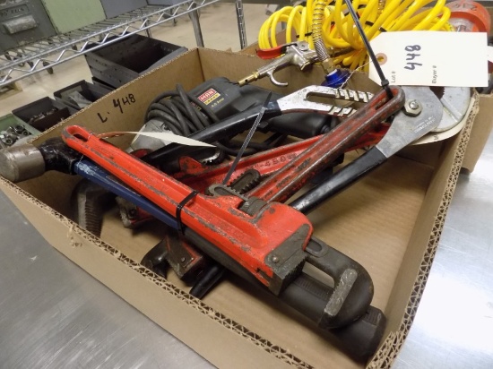 Box of Tools: Pipe Wrenches, Channel Locks, Drill