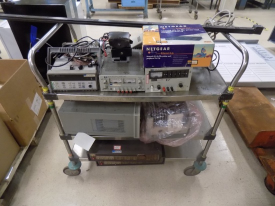3 Tier Stainless Rolling Cart w/ Older Electronics Testers, Ethernet Hub, P