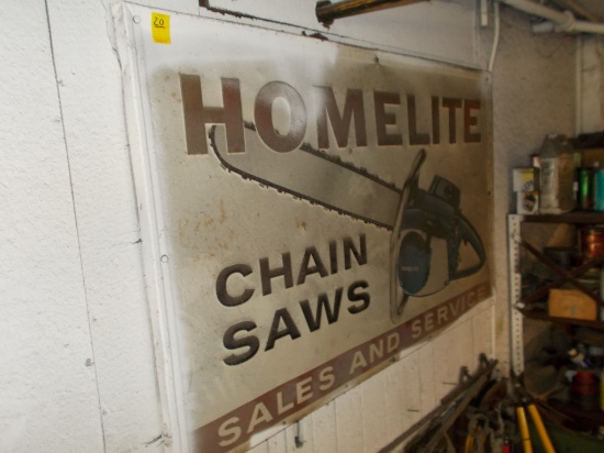 Antique Tin Embossed ''Homelite'' Chainsaw Sign, 56'' Wide x 34'' Tall