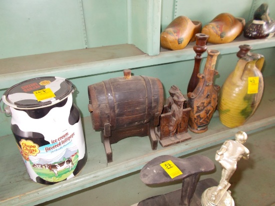 (6) Asst. Wood Knicknacks, Wood Barrel, (2) Wood Candlesticks, Cow Milk Can