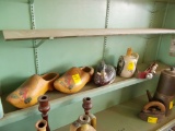 (2) Wood Deco. Shoes, Duck Decoy, Ceramic Jug, Sleigh Bells