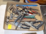 Box of Large Assortment of Tools, Hammers, Hack Saw, Pipe Wrench, Band Snip