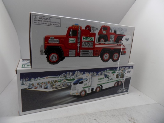 (2) Hess Trucks 2006 Toy Truck and Helicopter and 2015 Fire Truck and Ladde