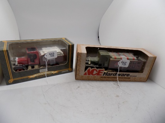 (2) 1:34 Scale Truck Banks, Ace Hardware 1925 Stake Truck with Barrels & (1
