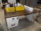 Metal Wood Top Desk with 2 Bins of Fluids and Partial Box of Tool Wrap