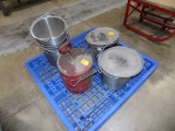 Pallet with (7) Stainless Buckets and a Red Safety Can