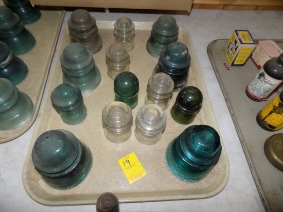Tray w/glass insulators, assorted size and color