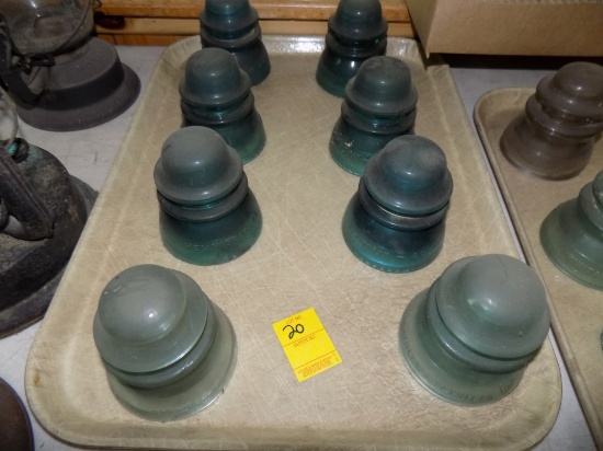 Tray w/glass insulators, 8 large blue