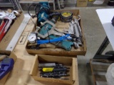 Box of Misc Tools & Makita Cordless Drill, Hole Saws, Drill Bits, Flat Wren