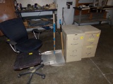 (2) 2 Drawer File Cabinets, (2) Shop Dust Pans, (2) Chairs