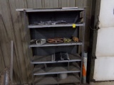 7-Tier Gray Metal Shelf, 3'L, with Misc Alum. Scrap & Brushes, Etc.