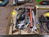 Box with Hammers, Open Ended SAE Wrenches, Pipe Wrench, File, Measuring Tap