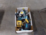 Box with Battery Powered Tools - Mostly Drills - Dewalt, Makita, Chargers;