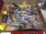 Box with SAE Gear Wrenches, Screwdrivers, Hole Saws, Ratchet, Etc