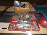 Red Toolbox w/Lg. Wrenches & Sockets, (2) Elec. Cords, Box w/Handheld Refra