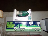 BP Toy Race Car Carrier With F1 Car, And A  1:25 Scale 1912 Open Cab Bank '