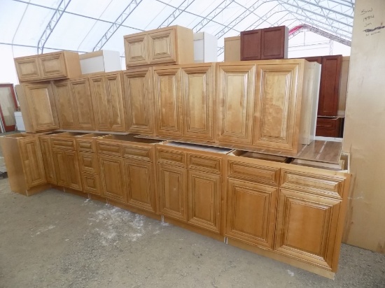 Mocha/Lt Wood Kitchen Cabinet Set; 30'' Upper Cabinets; 14 Piece Set; Lazy