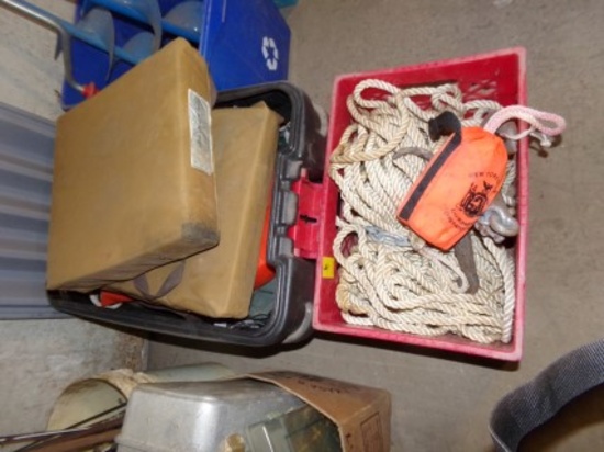 Black Tote and Red Crate with Boating Items (Cushions, Rope, Anchor, etc.)