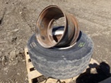 (2) 22.5 x 16 Steel Open Center Rims (1 has Bridgestone Tire on it, Tire is