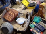 Pallet with 2 Large Boxes of Dishes, a Portable Record Player, and Milk Cra