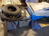 Tote of Hydraulic lines, Tote with Old Alarm System, and Box of Tarps