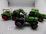 (3) 1/43 Toys- Deutz Fahr DX 4-70, Deutz 7085 -Missing Cab, Fendt w/ Loader