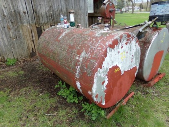 Round 300 Gallon Gasoline Tank on Skid, with Hand Pump