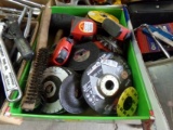 Box w/Tape Measures, Grinding Wheels, Hammers, Wire Brush, etc.