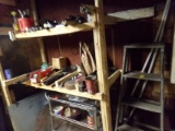 Contents of 2 Tier Wood Shelf and 5' Wooden Step Ladder, Stock Hinges and M