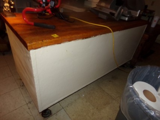 Butcher Block Top Work Table w/Comm'l Can Opener, w/Shelves Underneath, 30'